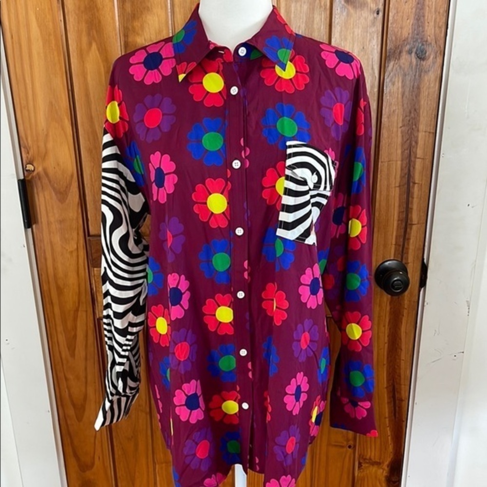 Terez Heart Floral Patchwork Button Down Tunic Shirt Medium Retro 60s
